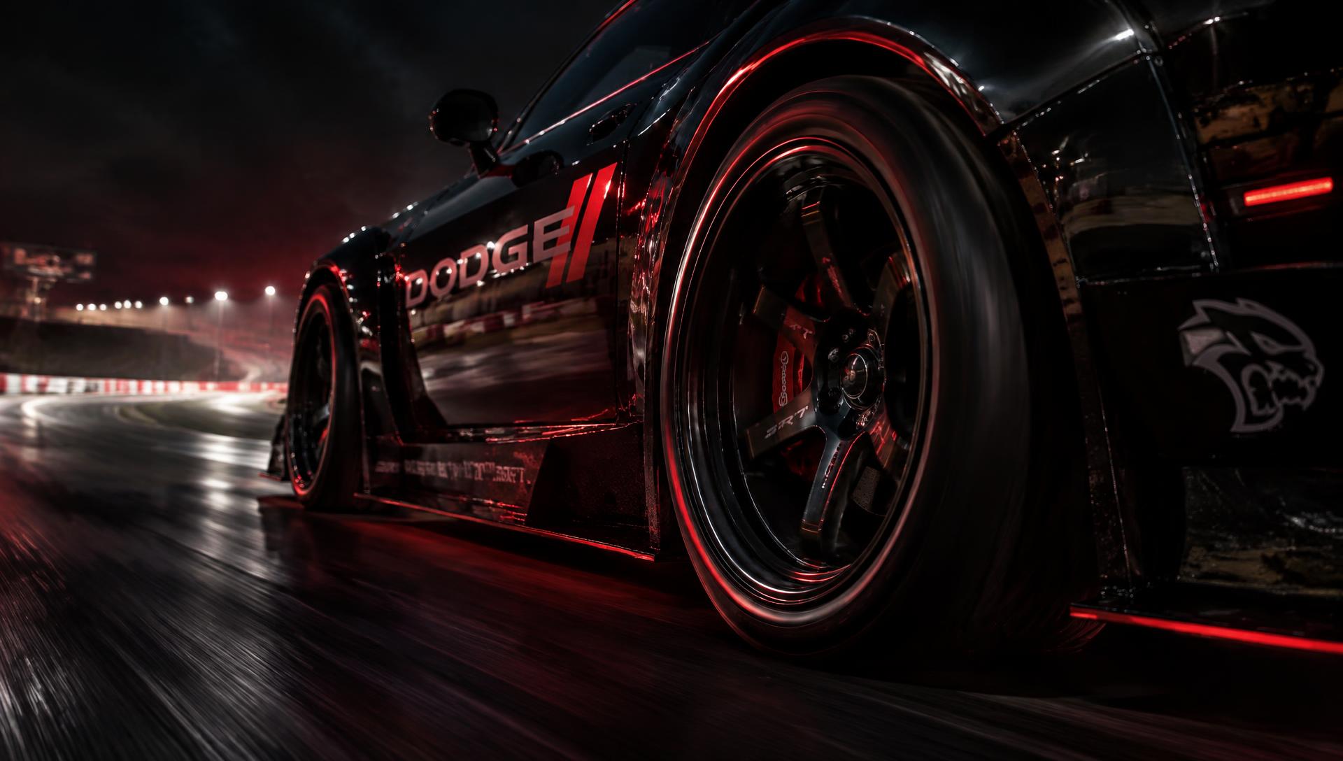 Dodge race car on Katana wheels at night